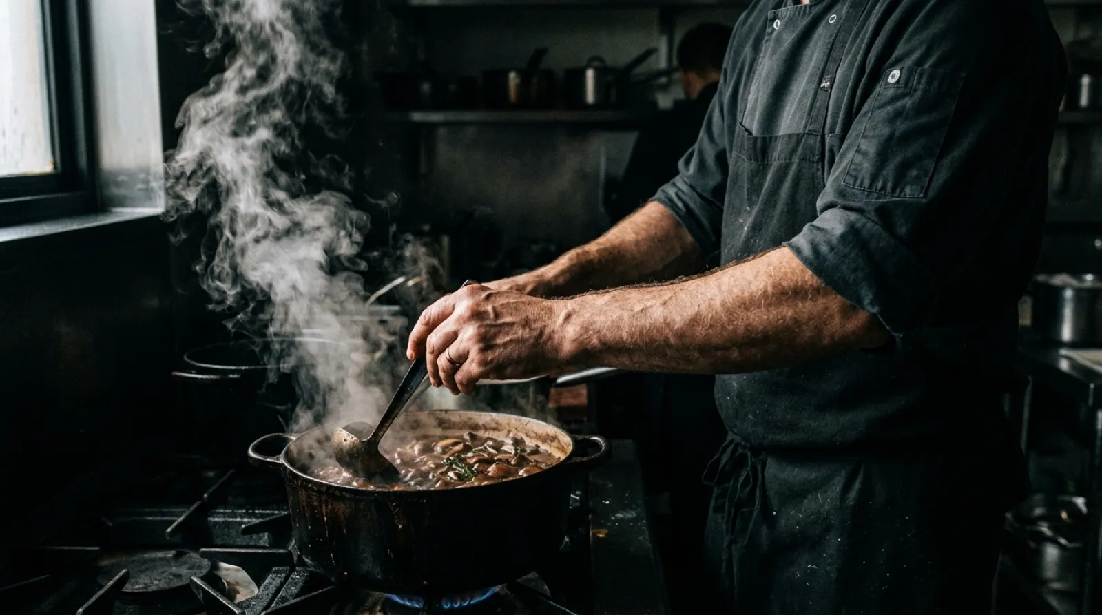 A chef at work over a steaming pot