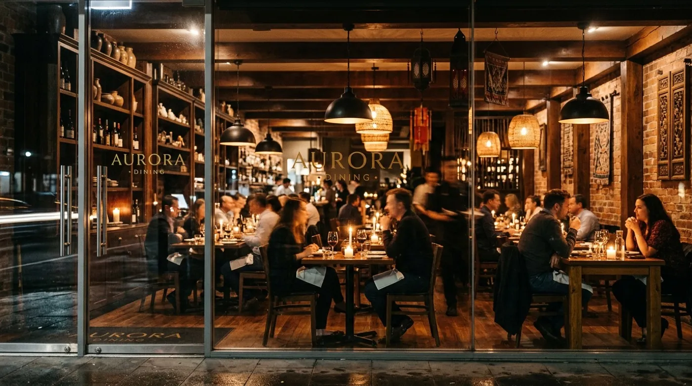 The warm, dim interior of the dining room
